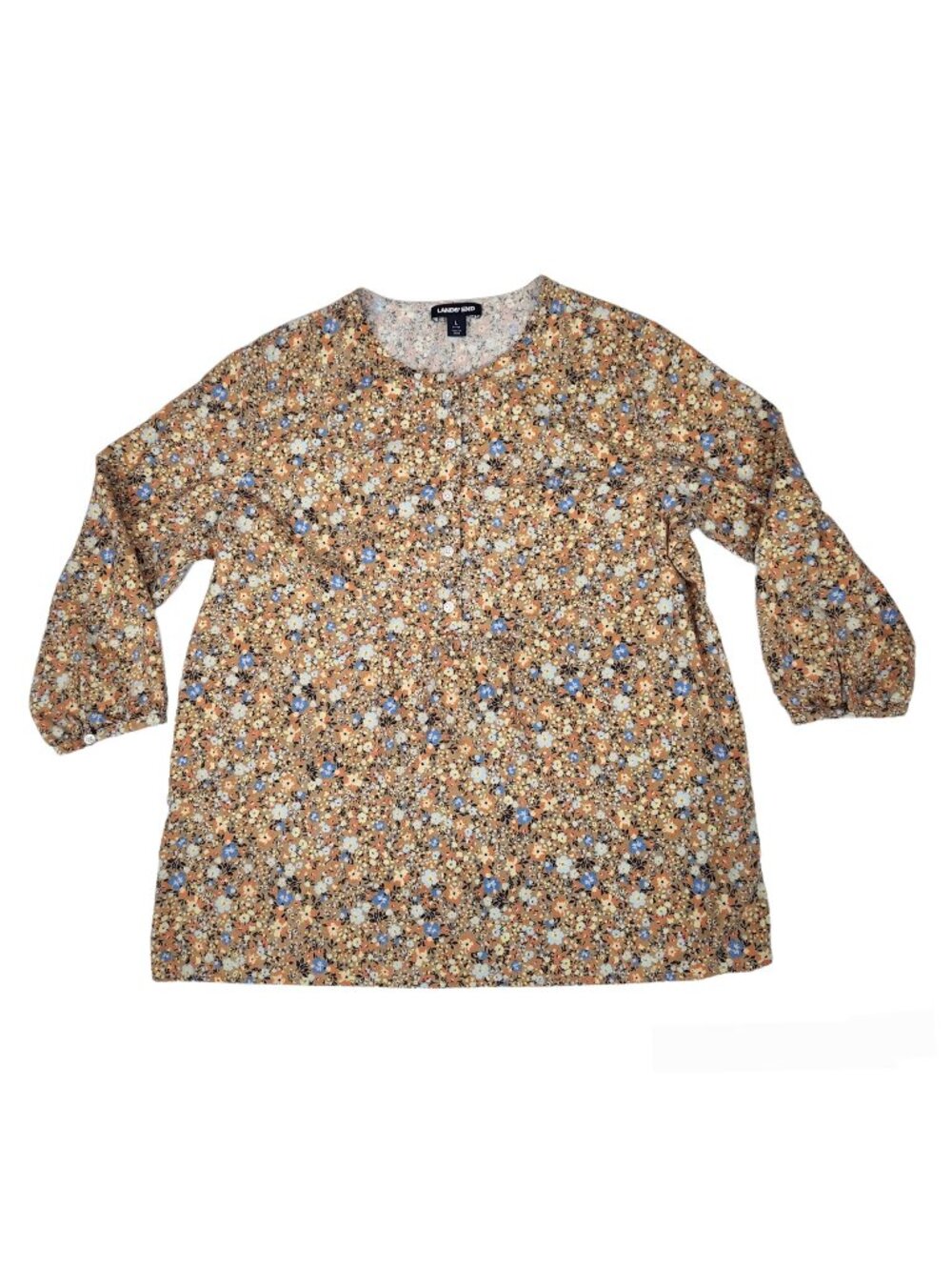 Lands End Womens Top Ditsy Floral L 14-16 Half Button 3/4 Sleeve Peasant Boho
